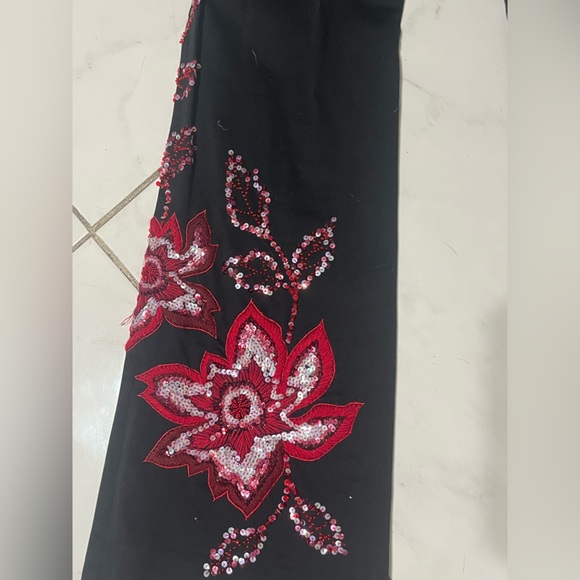 Cache Black red bead sequin embroidered pants boot cut flare leg stretch vintage - Picture 6 of 9